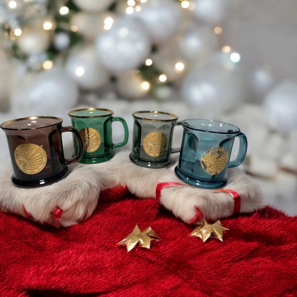 4 Vtg Golden Sunshine Roman Numerals Culver Glass 22k Gilded Golf Crest Mugs